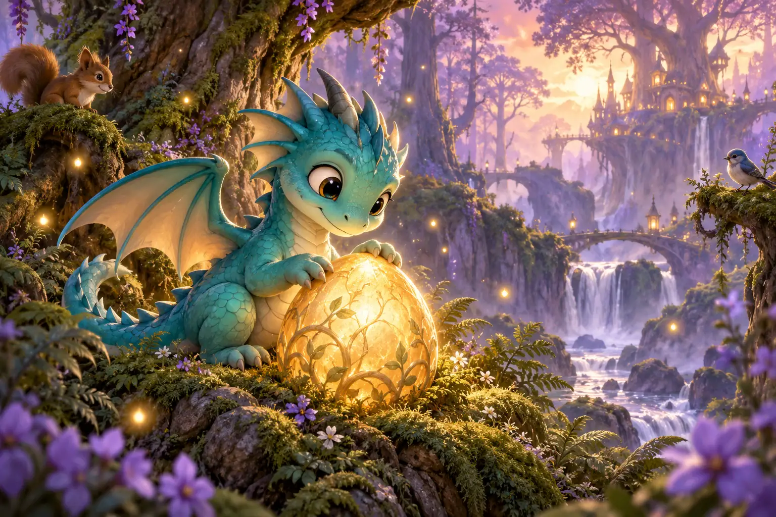 Un petit dragon veille sur un œuf lumineux dans une forêt enchantée
